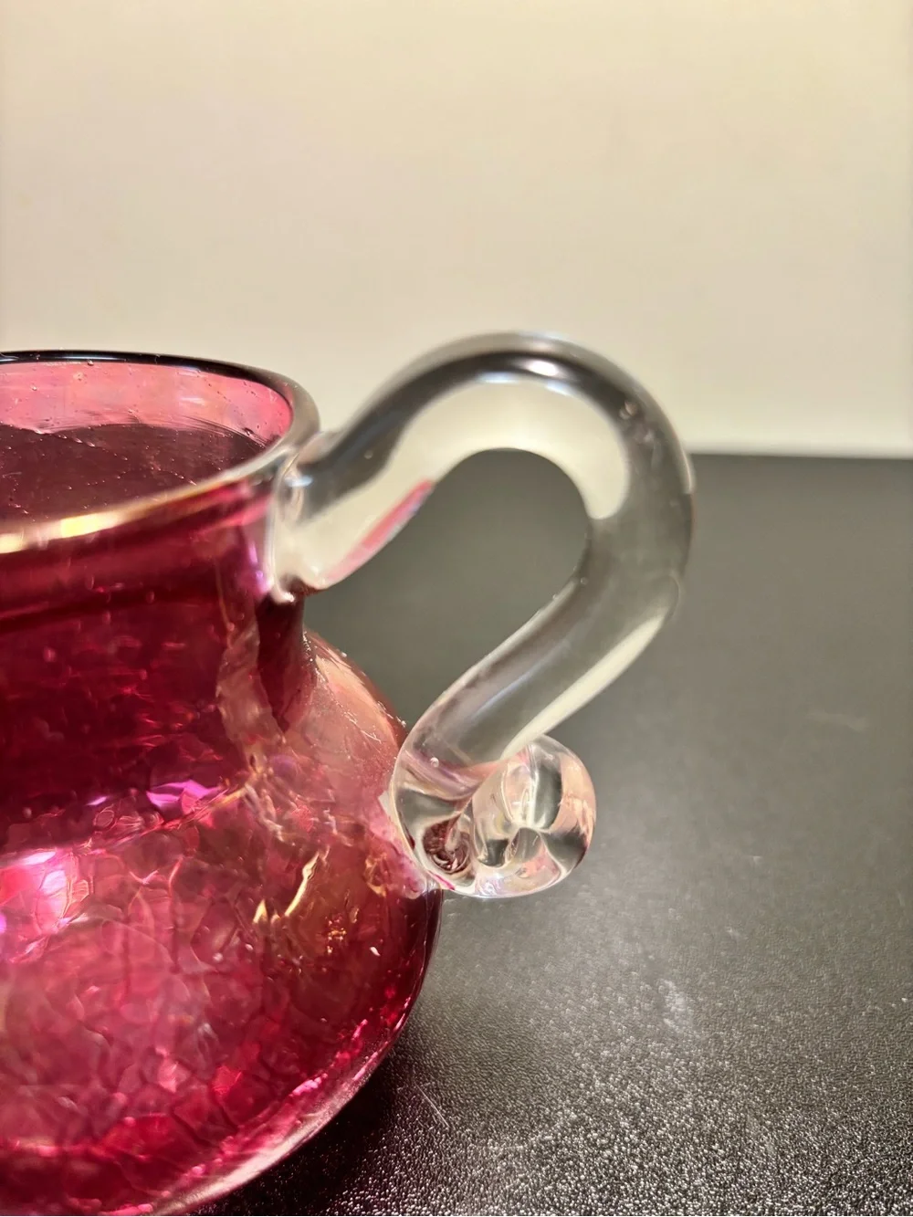 Handblown Cranberry Glass Creamer and Sugar Set with Clear Handles